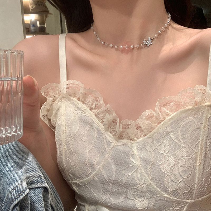 Parel kristal vlinder ketting vrouwen zomer licht luxe niche ontwerp sleutelbeen ketting choker nek ketting_voghion.com
