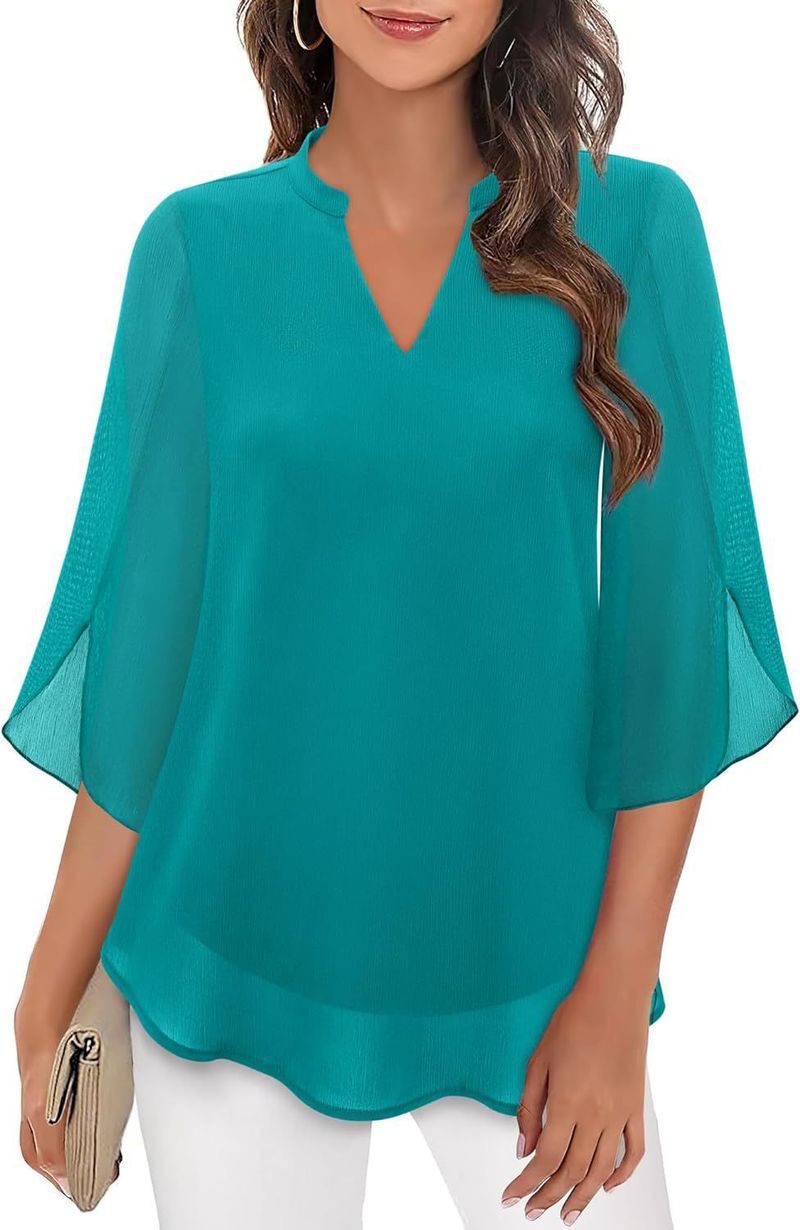 2025 Casual Sommer Neue frauen Blütenblatt Ärmel Lose V-ausschnitt Chiffon Bluse_voghion.com