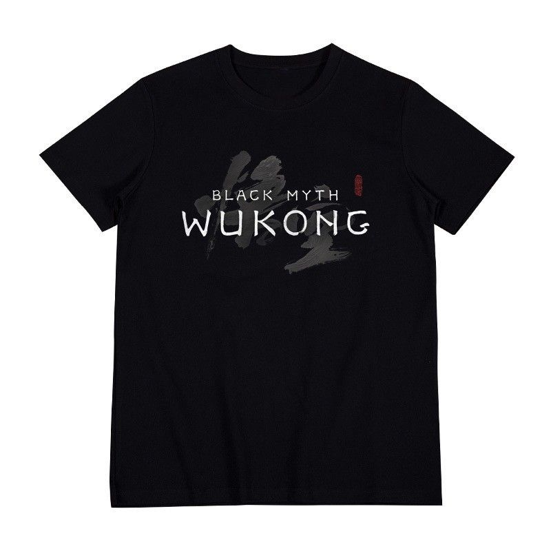 T-shirt en coton pur entourant le mythe noir chinois Wukong 2024 Nouveau haut ample à manches courtes pour hommes et femmes imprimé icône_voghion.com
