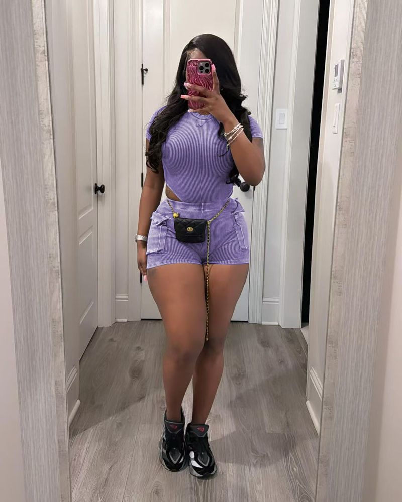 TS1311 Neues lässiges gewaschenes Jumpsuit-Shorts-Set für Damen_voghion.com