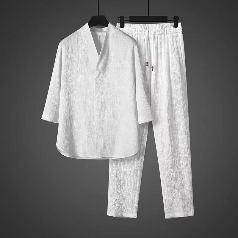 CT Sommer Plus Size Ice Silk Herren Dünnes T-Shirt im chinesischen Stil mit V-Ausschnitt und fünf Ärmeln sowie langen Hosen, lässiges Sport-Zweiteiler-Set_voghion.com