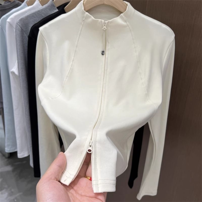 Top tunica alla moda con collo alto, maniche lunghe e cerniera per donna – Camicetta casual slim fit con design a doppia cerniera_voghion.com