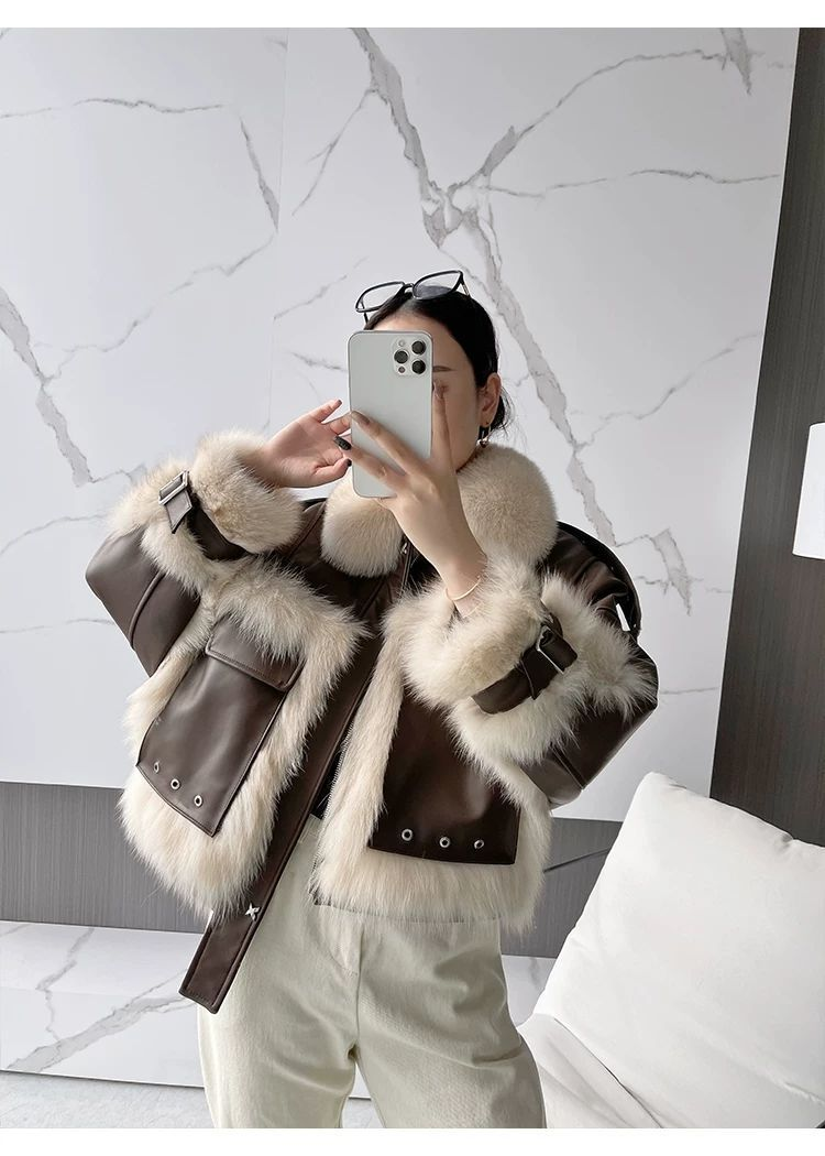 Women's Fox Fur Patchwork Fur Motorcycle Vintage Loose Jacket_voghion.com