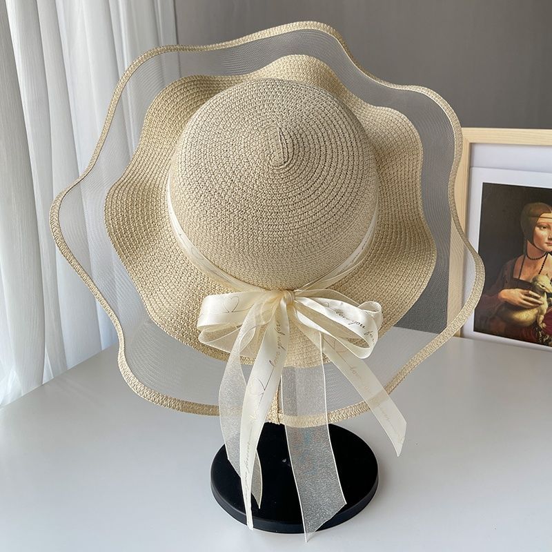 Cappello da spiaggia, cappello di garza con protezione solare, cappello estivo da donna, cappello di paglia con fiocco, cappello da sole a tesa larga, cappello da sole da mare_voghion.com