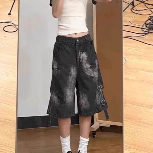 Tie-Dye Denim Men Summer American Style Loose Five-Point Pants High Street Elastic Waist Casual Mid-Length Shorts_voghion.com