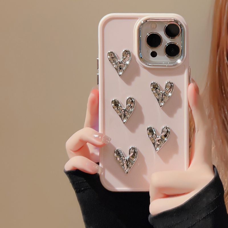 Galvanisiertes silbernes kleines Liebesherz, geeignet für iPhone 14 Apple 13 Promax Handyhülle 12 dreidimensionale 11 Anti-Fall-Softshell für Frauen_voghion.com