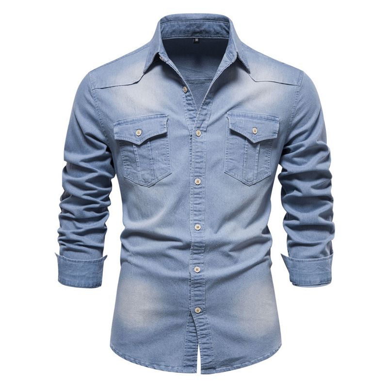 Jeanshemd für Herren – Klassische Langarm-Arbeitskleidung aus Baumwoll-Chambray, sandgewaschen und vorgeschrumpft (15 Farben von Mitternachtsschwarz bis Vintage-Blau)_voghion.com