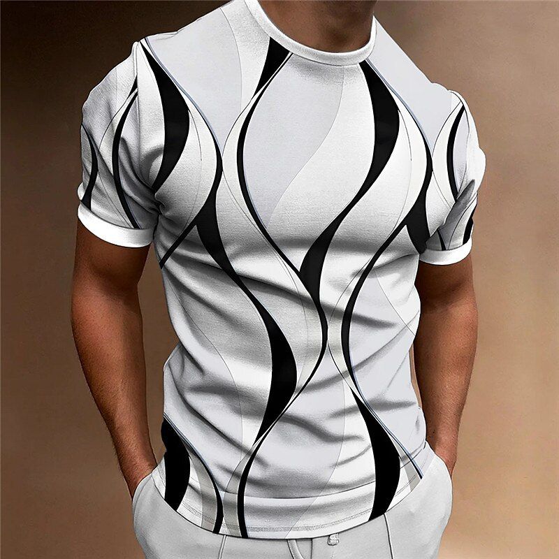 Maglietta estiva a maniche corte alla moda da uomo con stampa 3D e linea dorata_voghion.com
