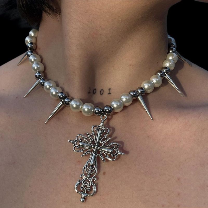 Accessoires Mode Ins Style Damen übertriebene Persönlichkeit Halskette Perlenkegel kurze Schlüsselbeinkette_voghion.com