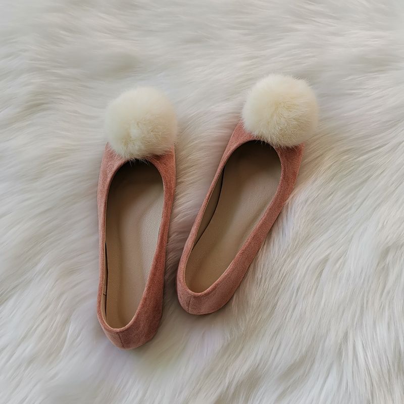 Herbst All-Match und süße Damen Runde Zehen Pelz Ball sanfte Ballerinas weiße Fee Schuhe_voghion.com