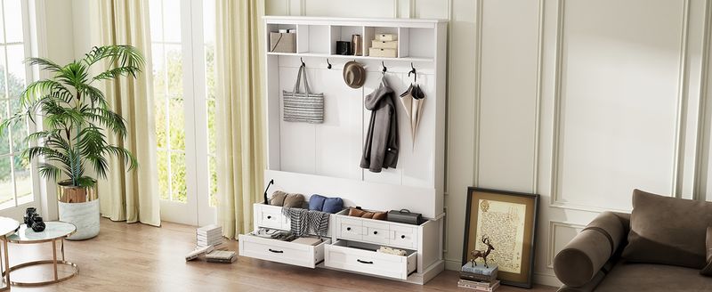 ON-TREND Elegant Wide Hall Tree With 5 Hooks, Versatile Entryway Lift Top Storage Bench With 2 Drawers, Retro Wooden 3-in-1 Coat Rack With Black Handles For Mudroom, Living Room, White, 59"Wx74"H_voghion.com