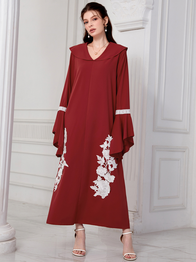 Abito da donna ricamato con scollo a V e maniche svasate_voghion.com