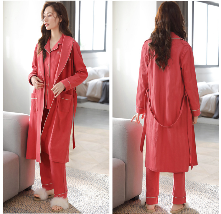Couple nightgown women's spring and autumn pure cotton long-sleeved bathrobe pajamas men's autumn long bathrobe home clothes three-piece suit_voghion.com