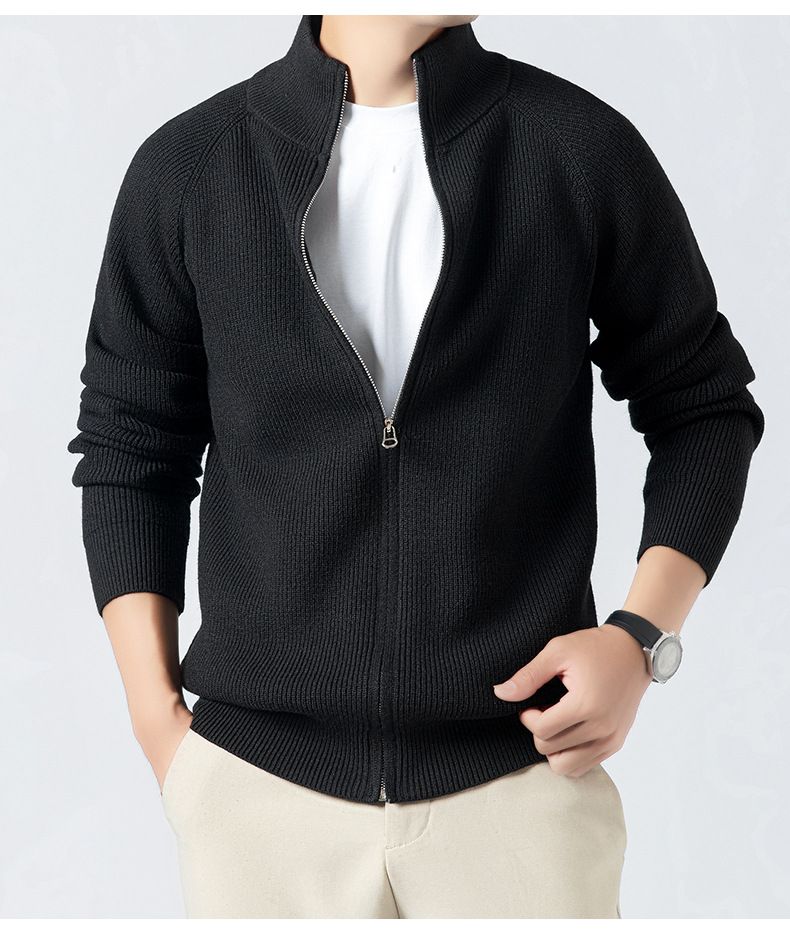 "Men's Textured Knit Cardigan – Stand Collar Drop Shoulder Sweater (Brown/Grey/Black/Navy, Sizes M-XXXL)"_voghion.com