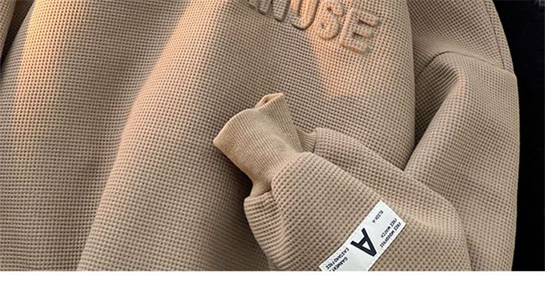 Abbigliamento maschile felpa verde tendenza uomo ins waffle cappuccio senza maniche girocollo due pezzi maglietta oversize a maniche lunghe_voghion.com