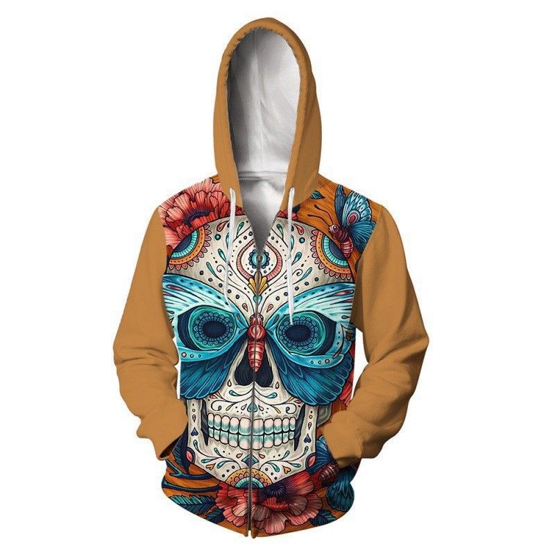 Felpa con cappuccio da uomo con stampa digitale 3D e teschio di Halloween con cerniera_voghion.com