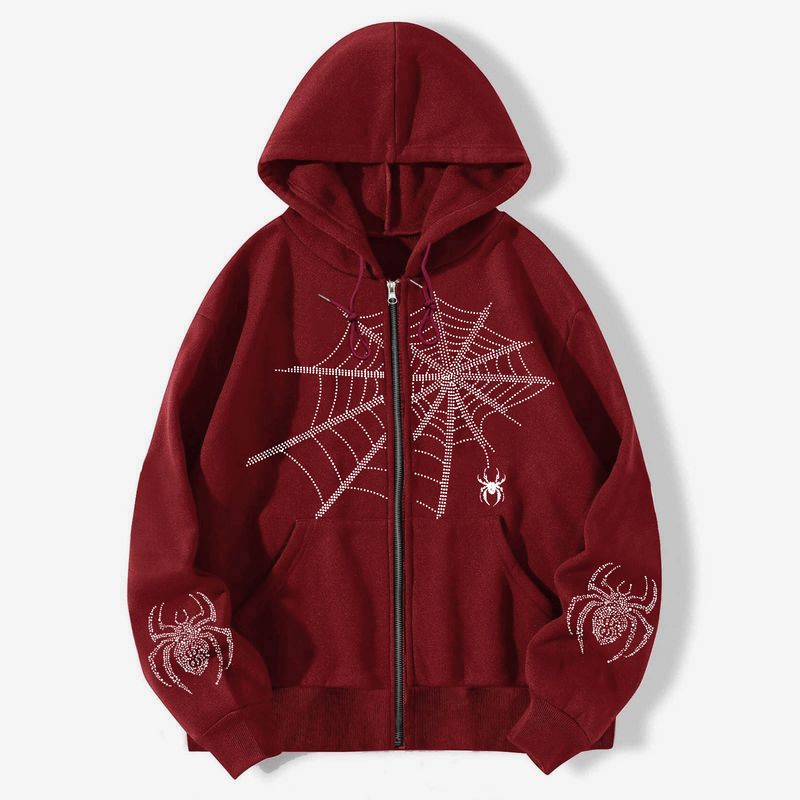 American Retro Spider Print Hoodie Matrix Cardigan Lose Reißverschlusspullover Herbst- und Winter-Fleece-Freizeitjacke_voghion.com