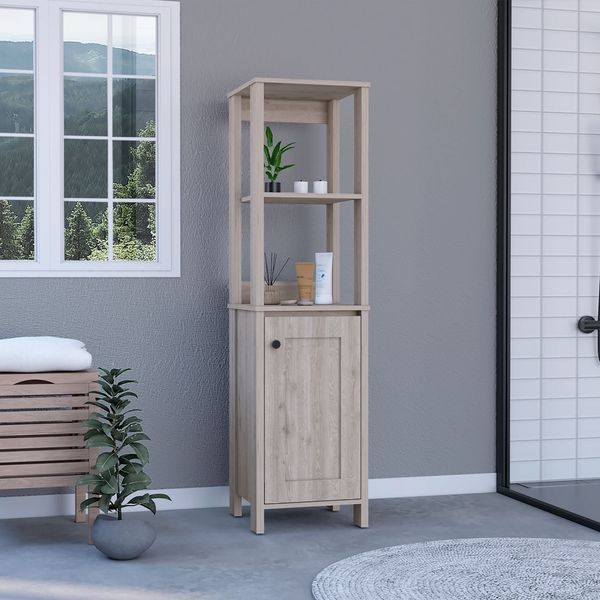 New Haven Linen Single Door Cabinet, Two Interior Shelves, Two Open Shelves_voghion.com