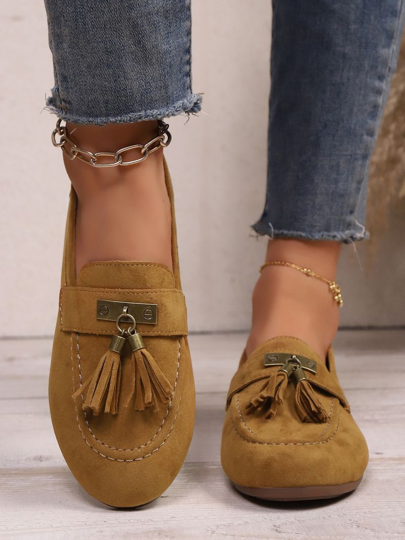 SHLIANG Loafer'lar Kadınlar İçin Slip-On Püsküllü Sürüş Yürüyüş Kaymaz Ayakkabılar Büyük Boy Kare Burunlu Süet Mokasen Düz Ayakkabılar Kadınlar İçin X0045_voghion.com