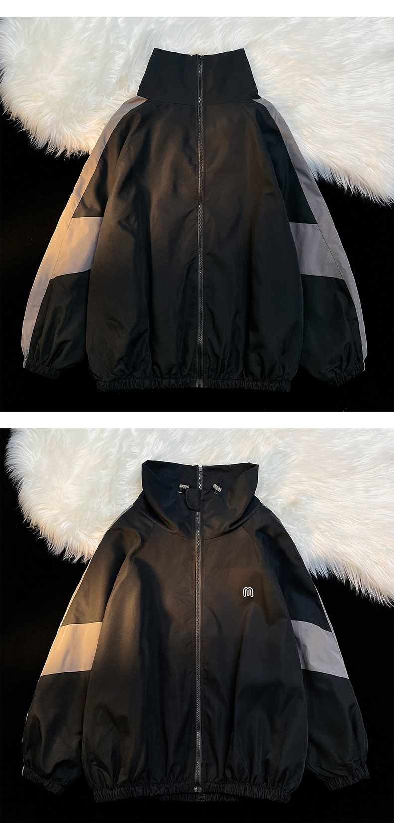 American Retro Workwear Jacket - Unisex Loose-Fit Spring/Autumn Color-Block Stand Collar Couple's Windbreaker_voghion.com