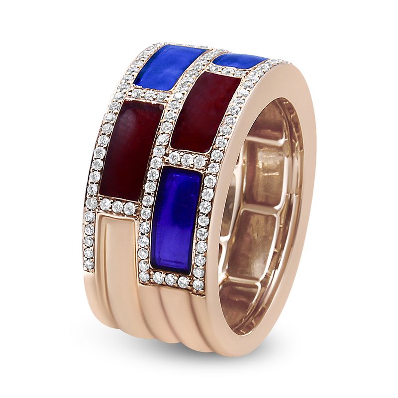 Rose Gold Alternating Red and Blue Enamel and 1/2 Cttw Diamond Studded Band Ring (F-G Color, VS1-VS2 Clarity) - Ring Size 7_voghion.com