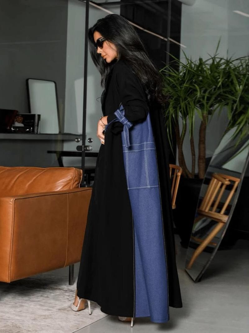 Elegant Muslim Long Open Front Cardigan With Blue Contrast Sleeves & Bow Detail – Modest Loose Fit Cover-Up Abaya For Women_voghion.com