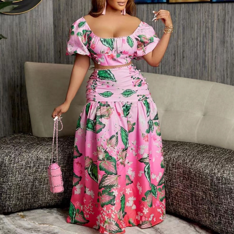 Vêtements pour femmes, mode décontractée, polyvalent, imprimé dégradé de feuilles, costume deux pièces_voghion.com