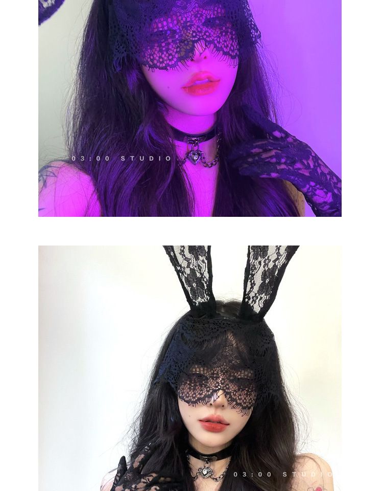 Cattura il coniglietto Ins Internet Famous Sexy Maschera per gli occhi in pizzo con velo e orecchie di gatto alle 3 del mattino_voghion.com