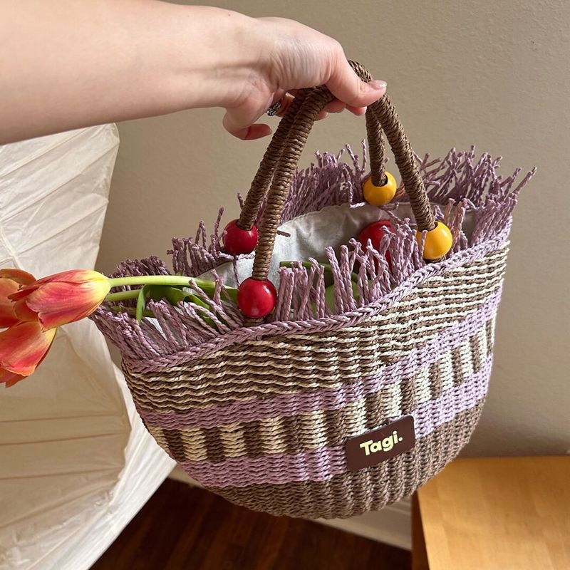 Tagi Picnic Basket Wooden Fruit Woven Handbag Beaded Large Capacity Vacation Handheld Straw Bag_voghion.com