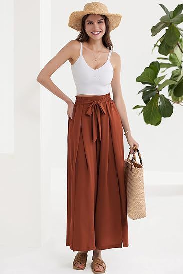 Calça Palazzo Feminina Leve, Casual, de Cintura Alta, com Bolsos e Fenda - Calça Larga e Flutuante para o Verão_voghion.com