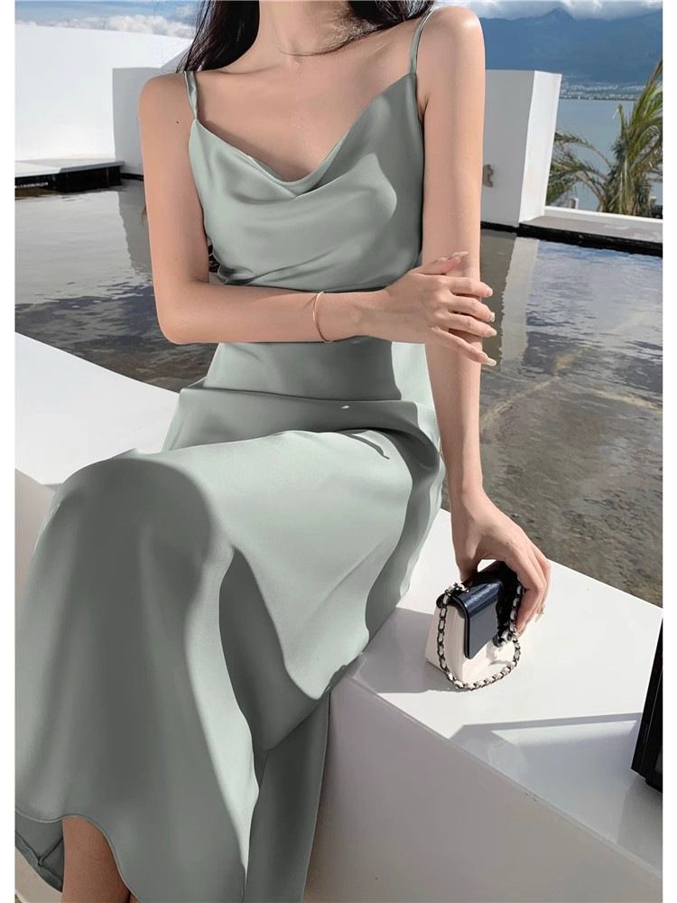 Summer New High-end Acetic Acid Swing Collar Camisole Dress With French Satin Glossy Drape Design_voghion.com