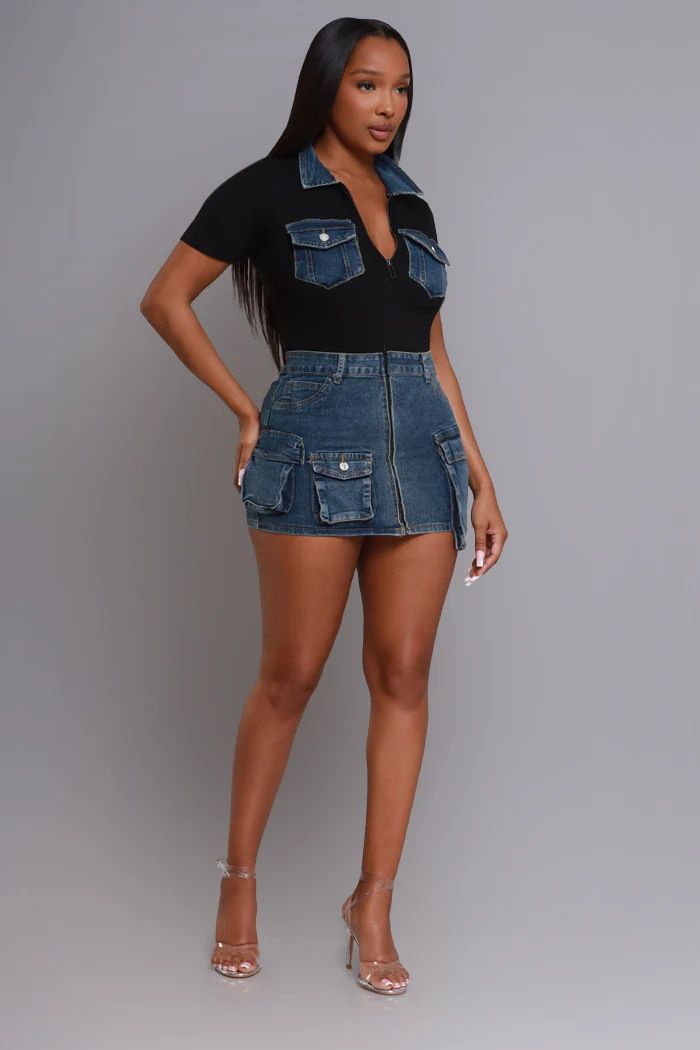 Abito in denim aderente sexy con tasca e cerniera a maniche corte, da donna_voghion.com