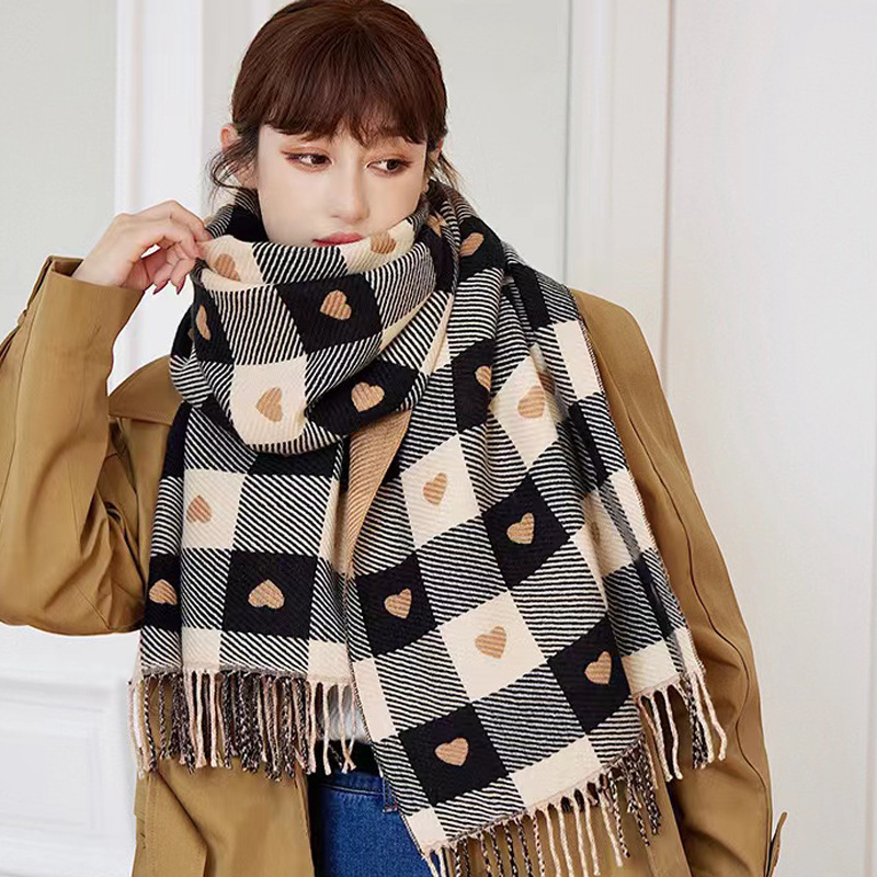 Nuova sciarpa a quadri bifacciale in cashmere da donna autunno e inverno con nappe, grande scialle per_voghion.com