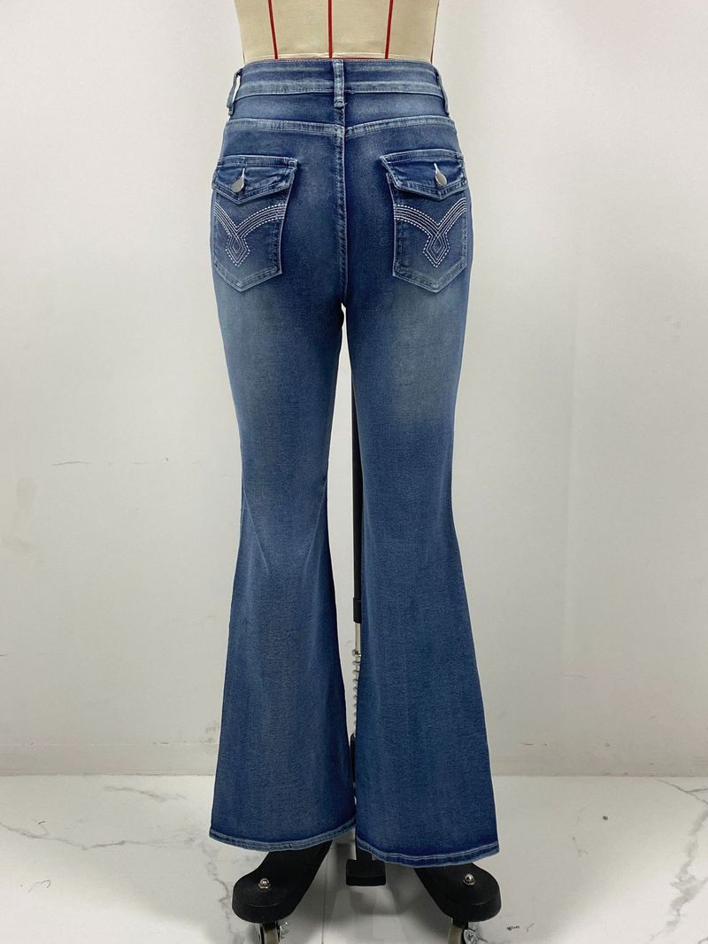 2025 New European And American Embroidered High Waisted Washed Fashion Bell Bottom Pants Jeans For Women_voghion.com