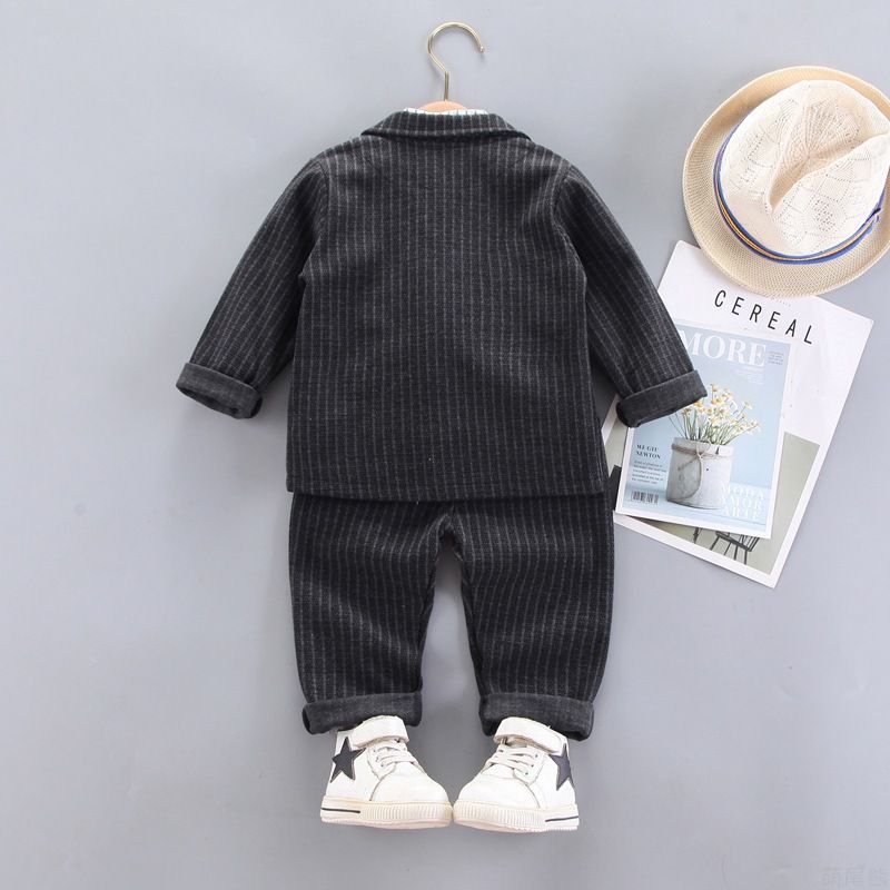 Korean Version Of Boys Striped Shirt Long Sleeved Tie Suit Children's Suit Vest Single Breasted Dress Jacket Four Piece Suit_voghion.com
