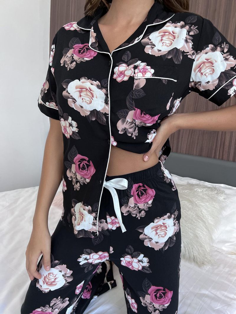 Pyjama Dames Zomer Plantenprint Korte Mouw Shirt Lange Broek Tweedelige Set Huiskleding Pamas_voghion.com