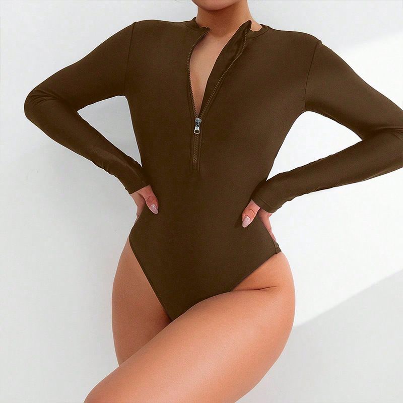 Maillot de bain une pièce imprimé à manches longues pour femme, avec fermeture éclair, couvrant le ventre, modèle conservateur, modèle 2025_voghion.com
