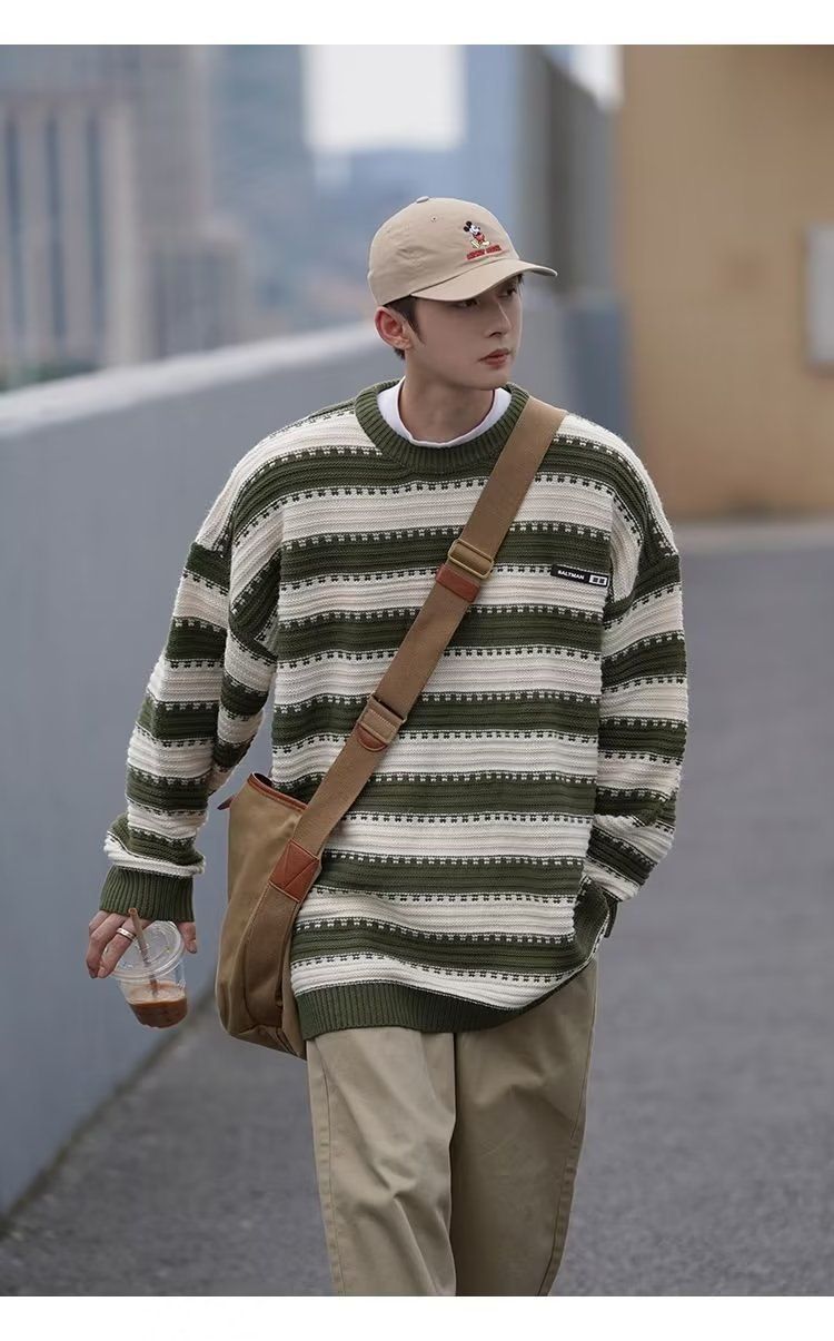 Japanese striped men's winter trend loose fitting pullover long sleeved knitted lazy style thick woolen sweater jacket_voghion.com