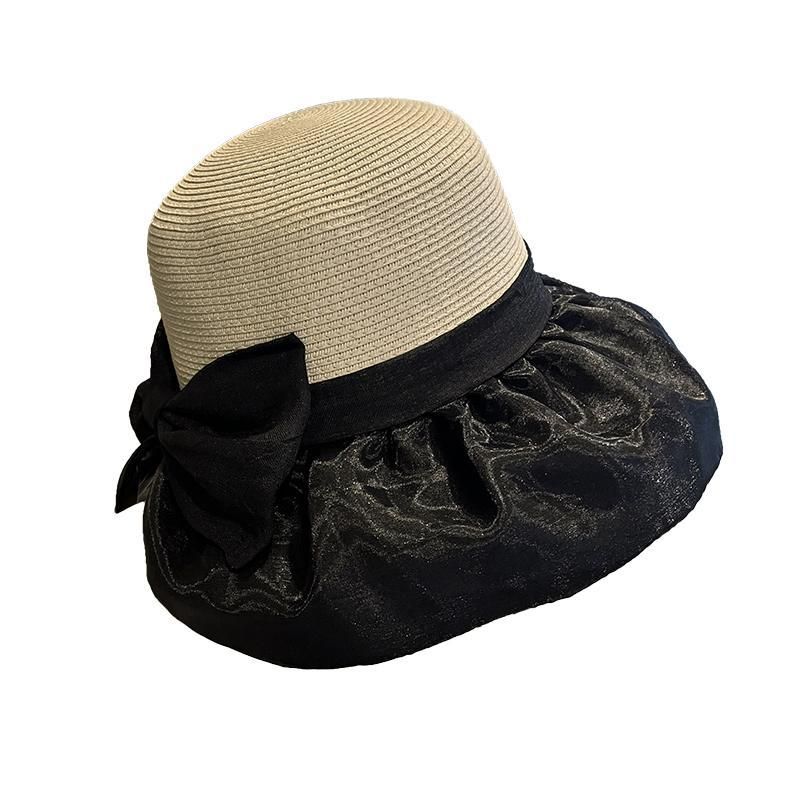 Cappello da sole estivo da donna in paglia con giunture, pieghevole, con protezione solare, protezione UV, con fiocco_voghion.com