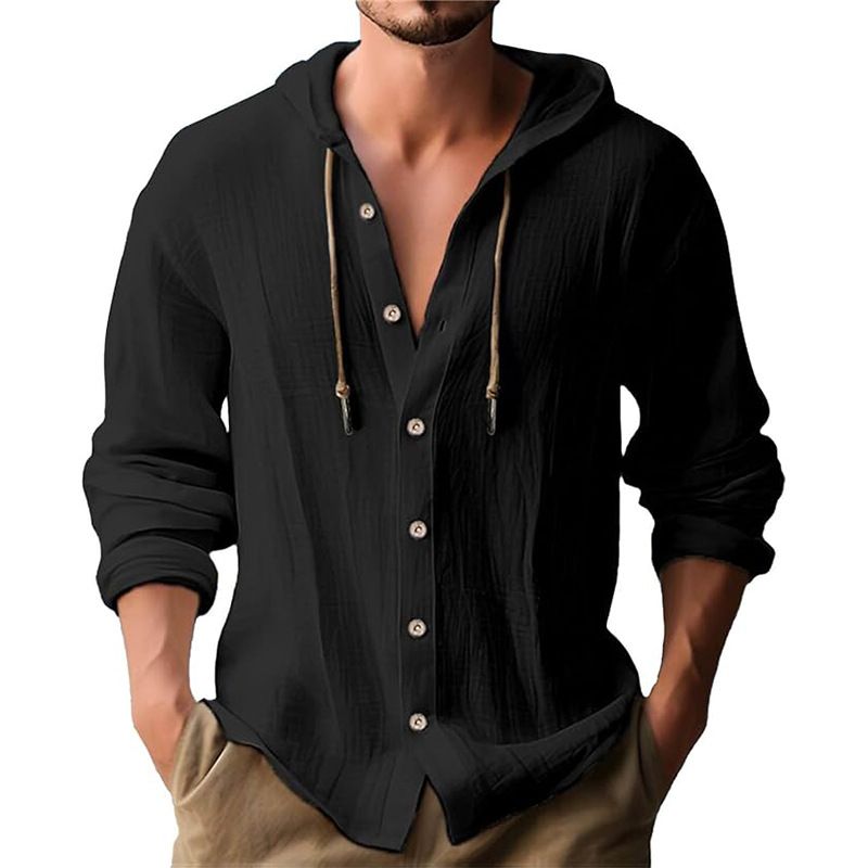 Maglietta casual a maniche lunghe con cappuccio e coulisse in cotone e lino, tinta unita, da uomo, alla moda, da abbinare a qualsiasi outfit, da spiaggia_voghion.com