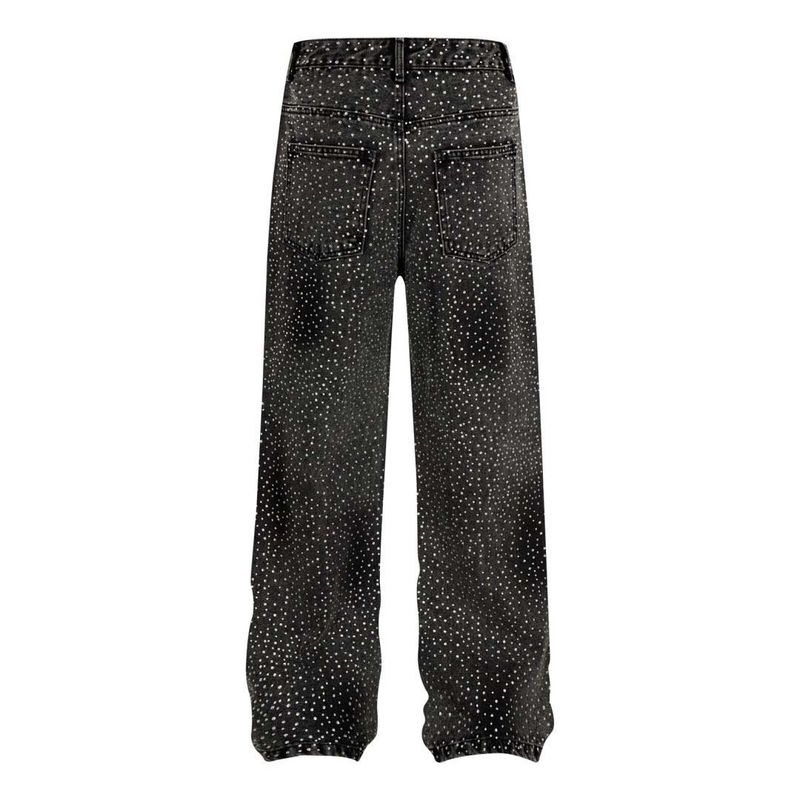 Herrenbekleidung, gewaschene Jeans mit Graffiti-Strass im Used-Look, Unisex-Modemarke, lockere Hose mit weitem Bein und geradem Bein_voghion.com