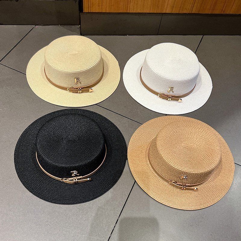 Pdmcms Diamond Label Hasır Şapka Kadın Yaz Plaj Güneşlik Şapka Hasır Örgü Güneş Kremi Şapka Fransız Kemer Retro Silindir Şapka_voghion.com