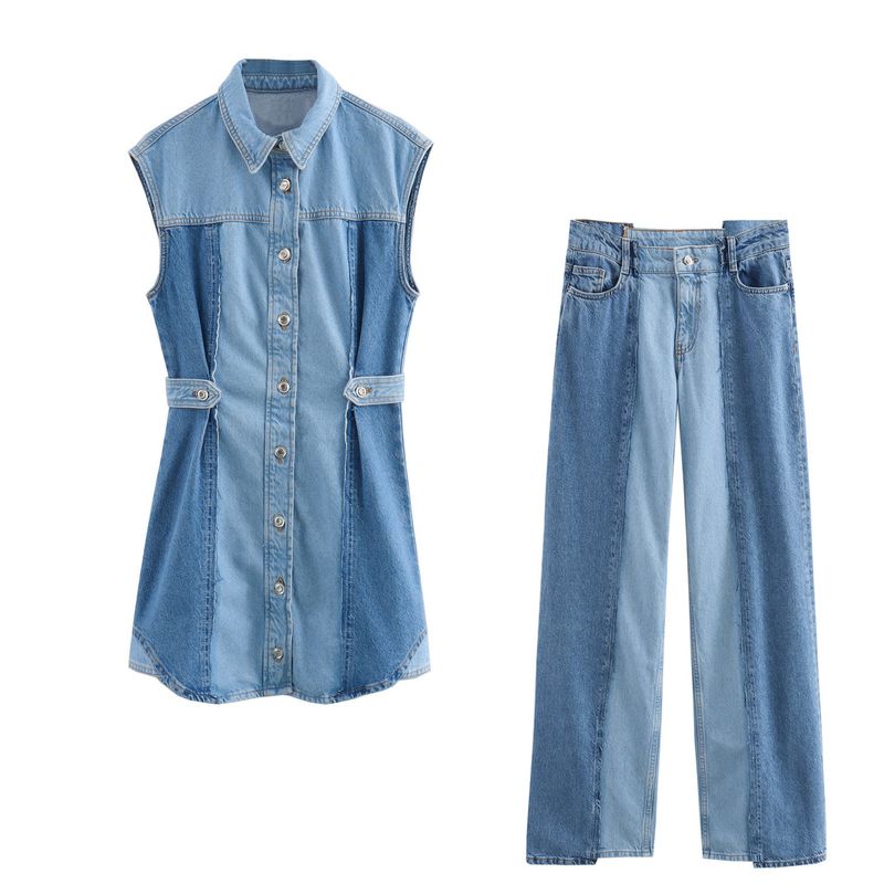 Dametøj 2024 sommer nyt patchwork kjole denim bukser sæt_voghion.com