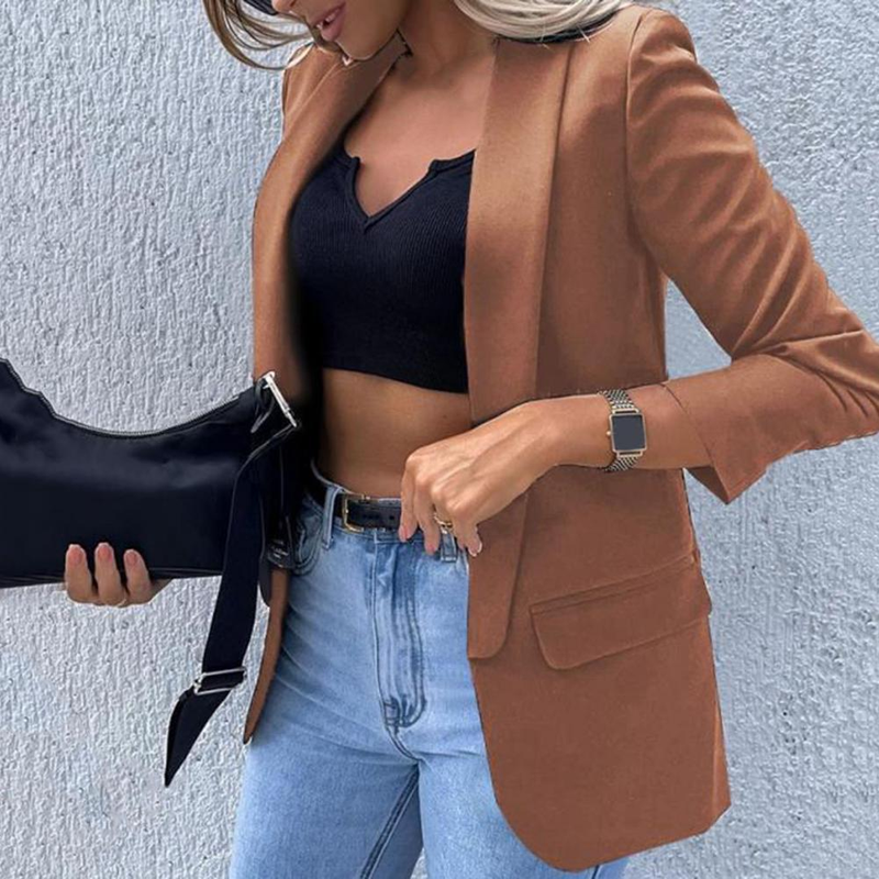 Fashion 2022 Blazer Woman Jacket Flap Pockets Solid Color Suit Jacket Office Work Lapel Open Front Cardigan Blazer_voghion.com