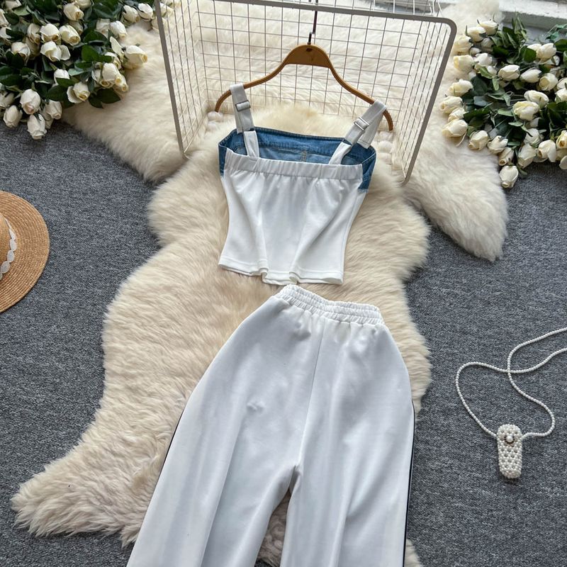 Modischer Freizeitanzug für Damen im Sommer, amerikanische Retro-Hosenträger mit Buchstabenstickerei, kurze Weste, hohe Taille, Denimhose mit weitem Bein_voghion.com