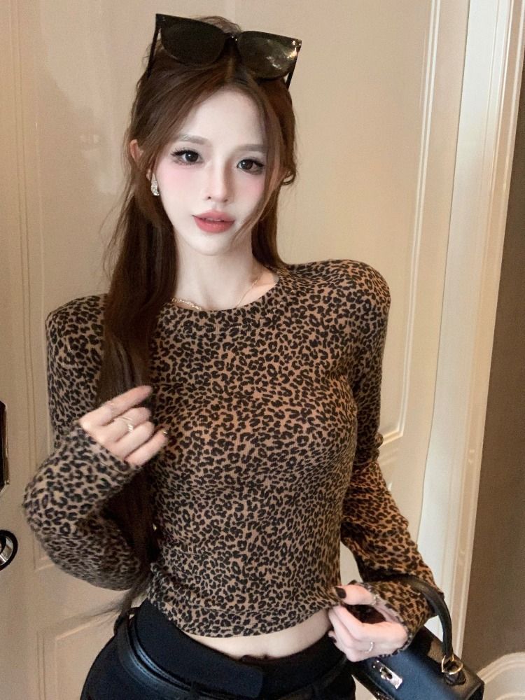 2025 neue Herbst Winter Oberbekleidung Slim Fit Basis Schicht Koreanischen Stil Subtile Leopard Print Abnehmen Top T-Shirt frauen_voghion.com
