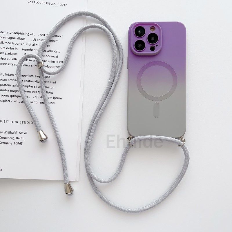 Magnetic Case For iPhone 14 11 12 13 15 Pro Max Plus Magsafe Shockproof Gradient Camera Protect Crossbody Lanyard Strap_voghion.com