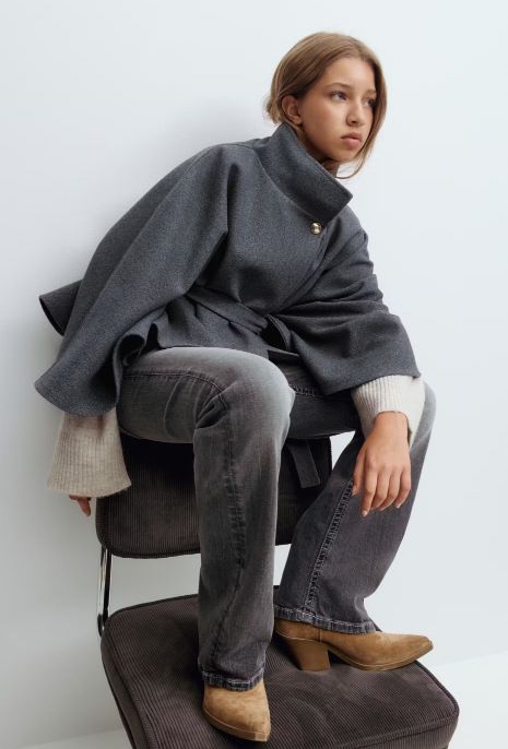 Cappotto a mantella da donna a maniche lunghe in simil-lana – Giacca oversize con colletto a revers, cintura annodata, per autunno e inverno (blu navy, grigio)_voghion.com