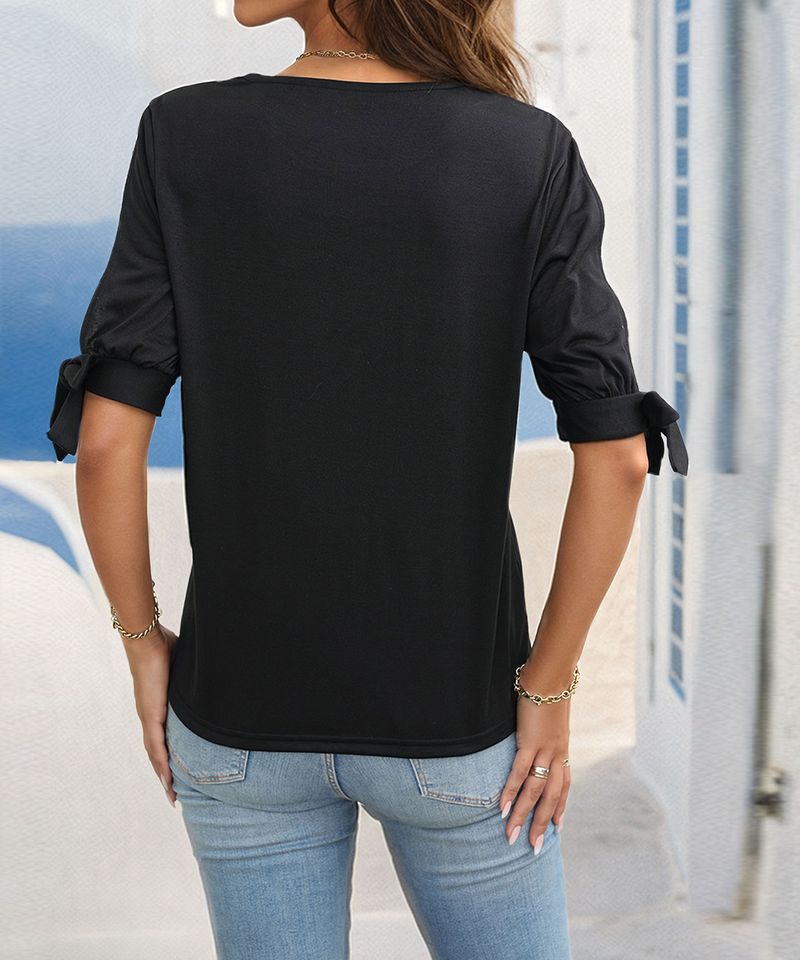 Damenbekleidung Lässige, vielseitige, einfache, persönlichkeitsorientierte, geknotete, schulterlange Spitzenoberteile mit kurzen Ärmeln für Damen_voghion.com