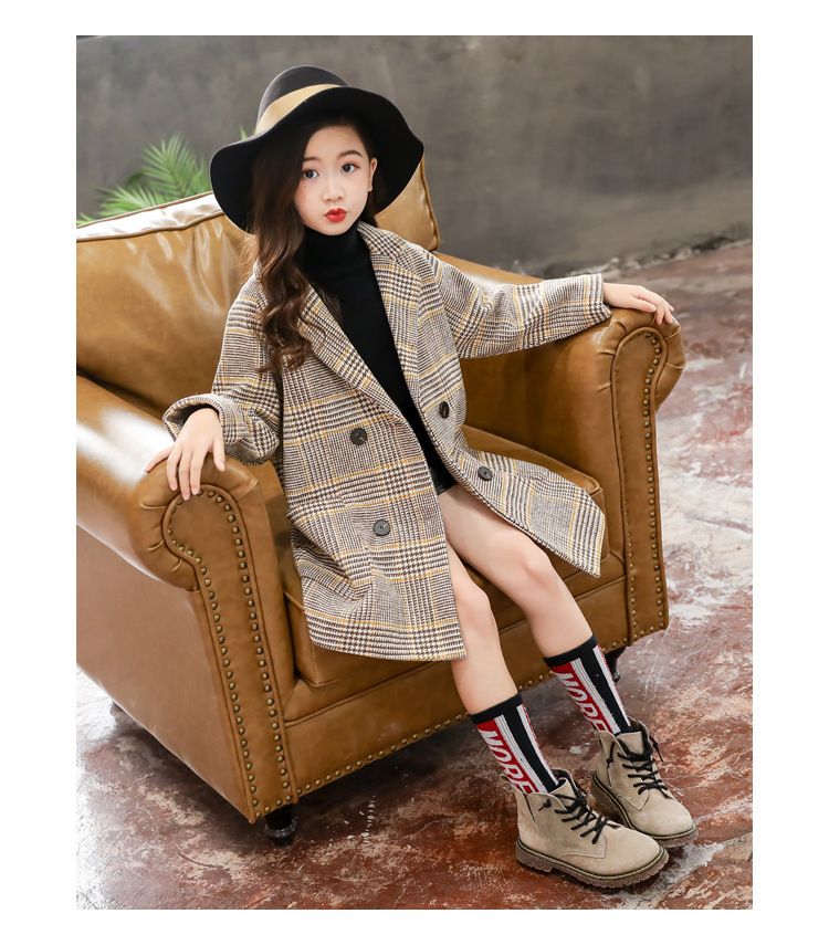 Girls Woolen Coat Autumn And Winter New Children's Medium And Long Plaid Coat For Middle And Large Children's Fashionable Woolen Coat Trend_voghion.com
